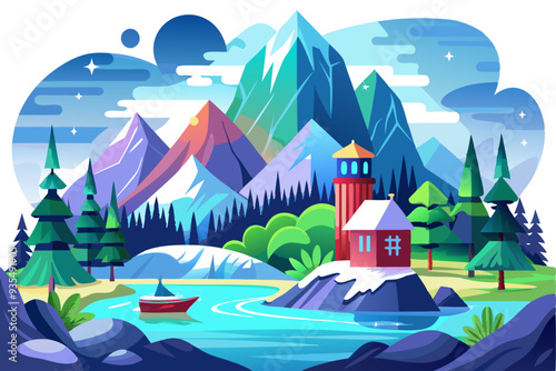 Picturesque Mountain Landscape with a Cabin and Boat on a River