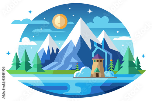 A Scenic Nighttime Mountain Landscape with a Tower and a Lake