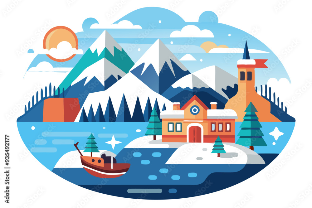Naklejka premium Snowy Mountain Landscape with a Town and a Boat