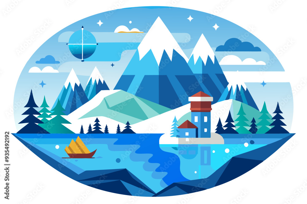 A Snowy Mountain Landscape with a Tower and Sailboat A Snowy Mountain Landscape with a Tower and Sailboat