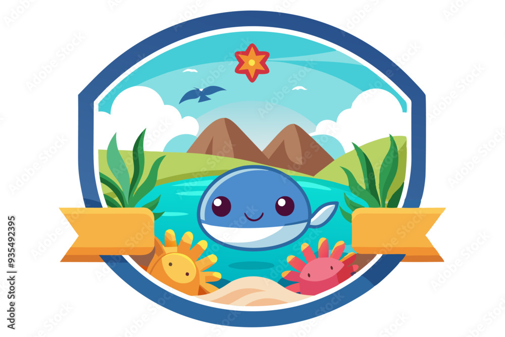 Naklejka premium Cartoon Whale in a Scenic Coastal Badge Design