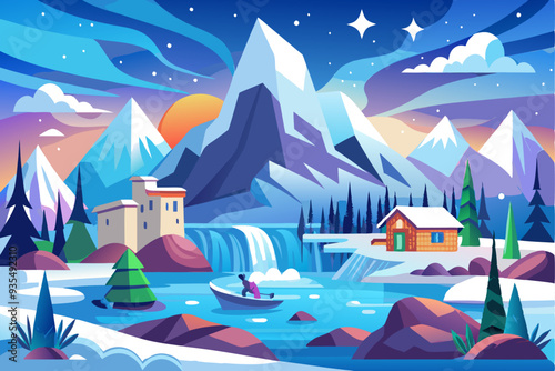 A Scenic Winter Wonderland with a Cabin, Mountains, a Waterfall, and a Person Rowing a Boat
