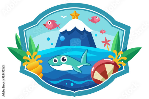 Cartoon Ocean Scene with Shark, Fish, and Island