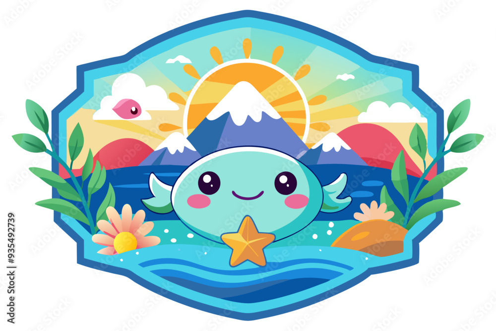 Naklejka premium Cute Cartoon Whale with a Starfish in a Mountainous Landscape