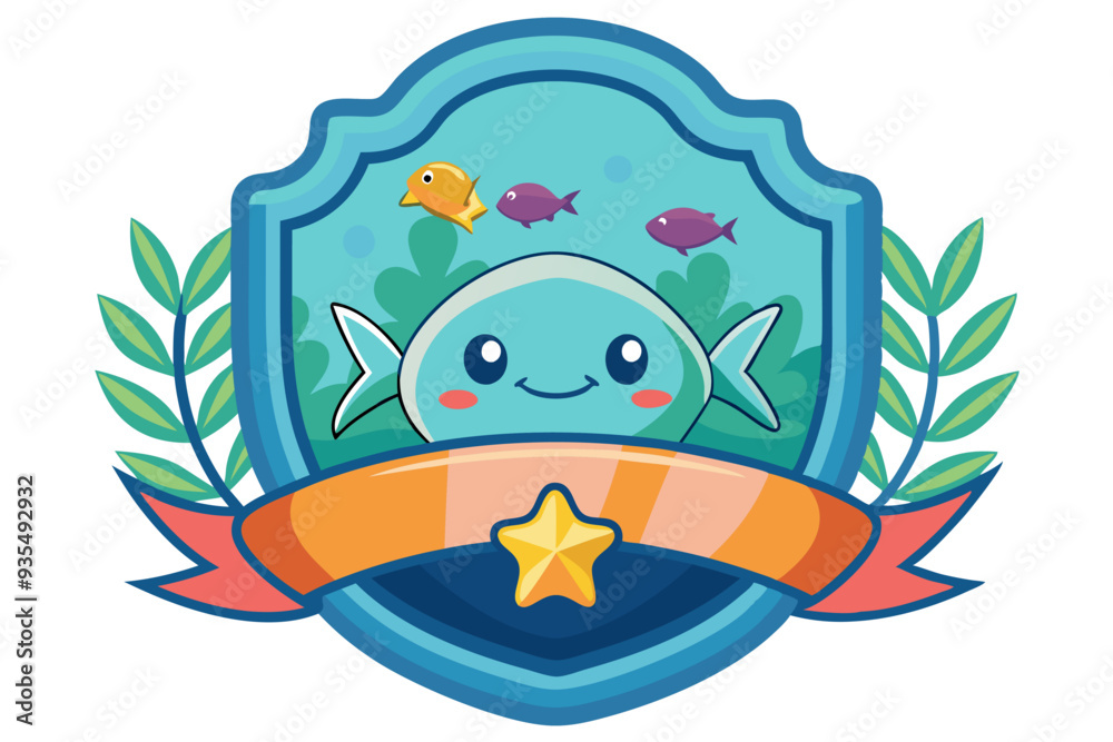 Cartoon Fish with Star and Ribbon in Aquatic Scene Cartoon Fish with Star and Ribbon in Aquatic Scene