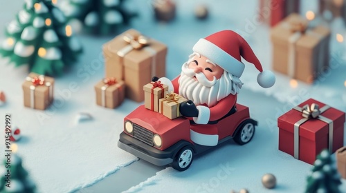 Santa Claus driving car with Christmas gifts