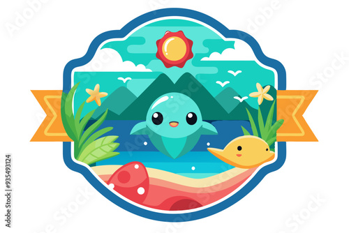 Cartoon illustration of a blue dolphin swimming in a sea with a yellow sun and green mountains in the background