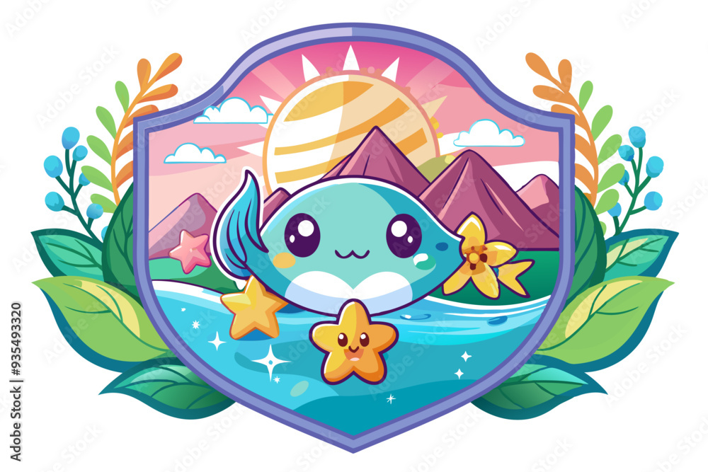Fototapeta premium Cute Cartoon Fish with Sunset Landscape and Stars in a Shield Frame