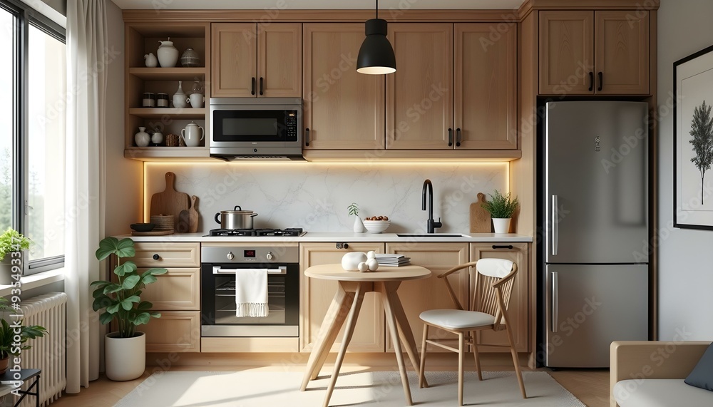 A small, cozy kitchen and living area in a studio apartment, combining comfort and functionality in a compact space.
A small, cozy kitchen and living area in a studio apartment, combining comfort and functionality in a compact space.