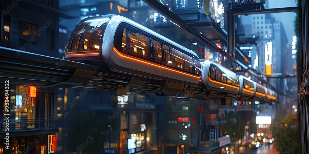 Futuristic train in a city at night. Futuristic train in a city at night.