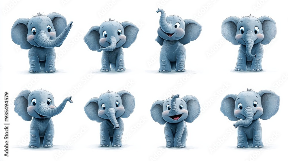 Fototapeta premium Cute Cartoon Elephant Illustration Set Animal Character Design Baby Elephant