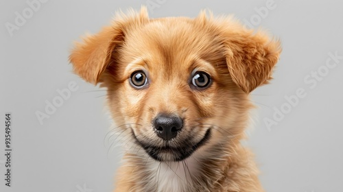 Cute fluffy portrait smile Puppy dog that looking at camera isolated on clear png background, funny moment, lovely dog, pet concept