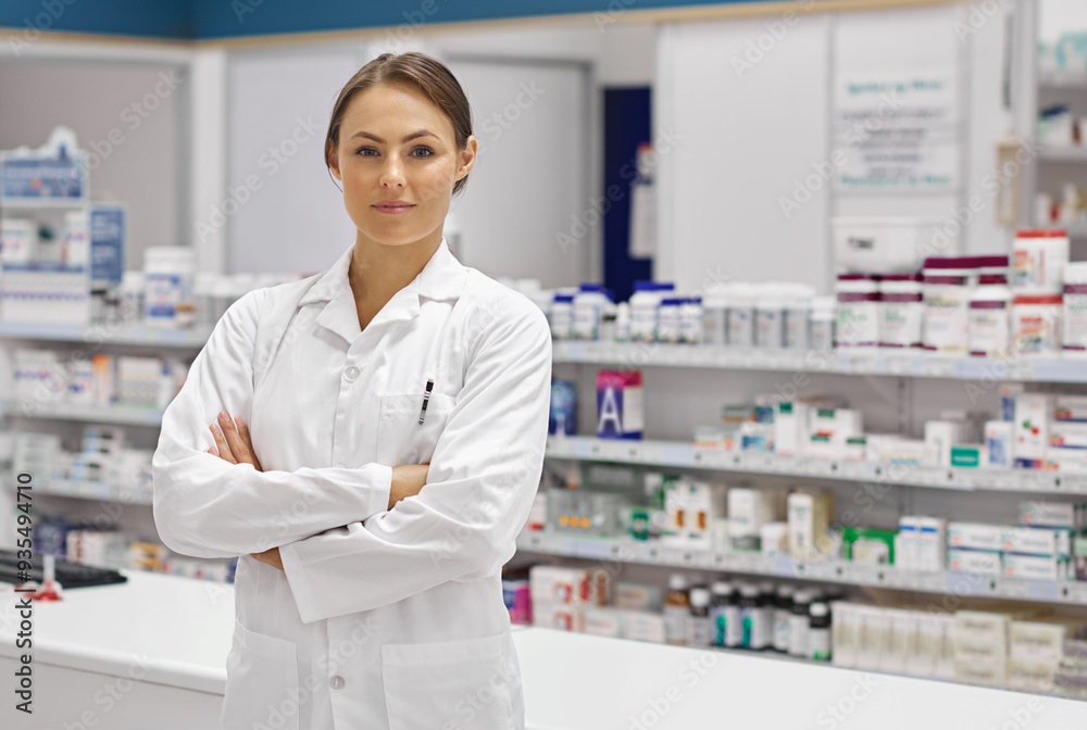 Woman, smile and arms crossed as pharmacist at drug store with pride for customer service. Female person, portrait and happy or satisfied with confidence at pharmacy for medication and prescription Woman, smile and arms crossed as pharmacist at drug store with pride for customer service. Female person, portrait and happy or satisfied with confidence at pharmacy for medication and prescription