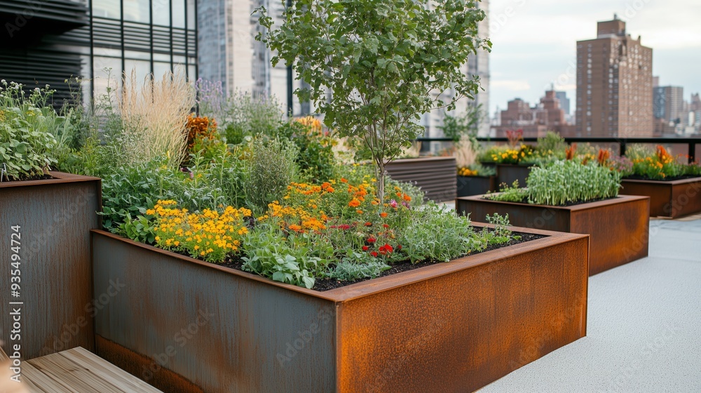 Rooftop garden filled with colorful flowers and plants in an urban setting during late afternoon