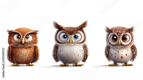 Cute Cartoon Owls with Big Eyes Isolated on White Background