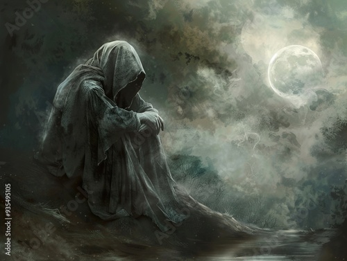 Mysterious Figure in a Dark and Dreamlike Landscape