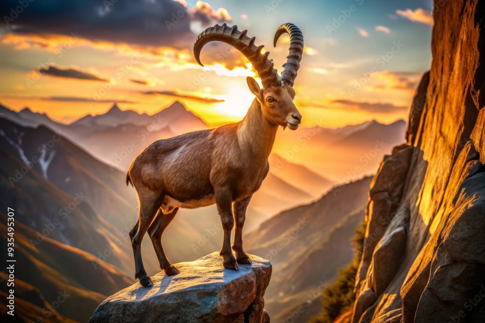 majestic ibex standing on rugged mountain cliff with rustic bronze logo plaque at sunrise with warm natural light and subtle grain majestic ibex standing on rugged mountain cliff with rustic bronze logo plaque at sunrise with warm natural light and subtle grain