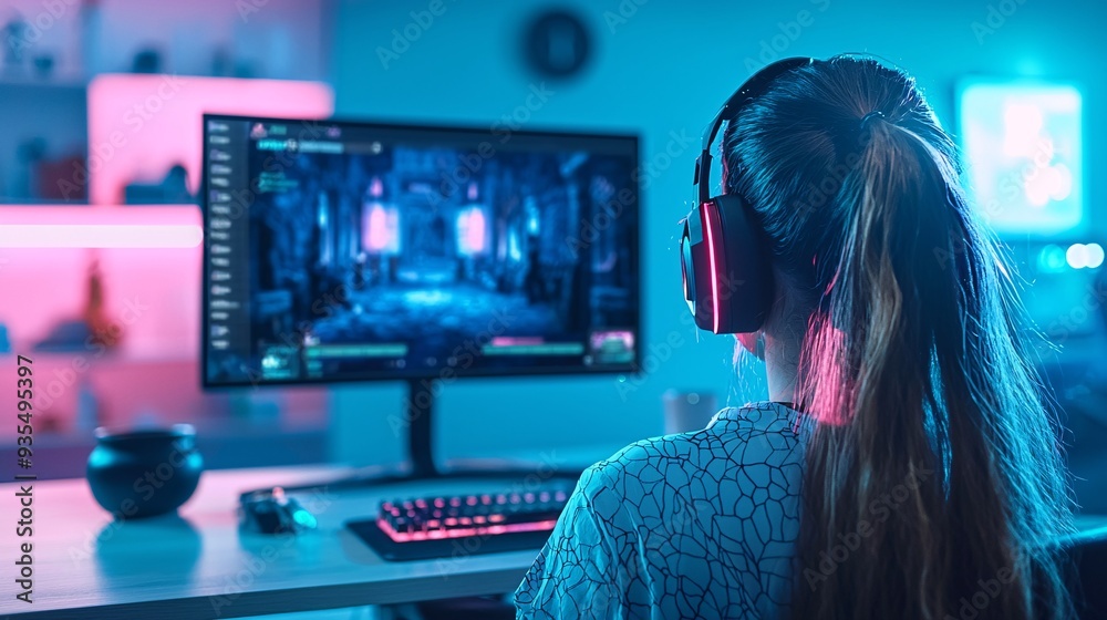 A gamer’s desk with Halloween-themed items, such as a cauldron, potions, and a haunted house video game on the monitor, creating an eerie vibe with plenty of copy space for additional elements. A gamer’s desk with Halloween-themed items, such as a cauldron, potions, and a haunted house video game on the monitor, creating an eerie vibe with plenty of copy space for additional elements.