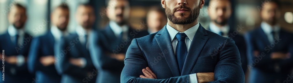 Confident Businessman in Focus with Team of Professionals in Background, All Wearing Suits, Arms Crossed, Leadership Concept Confident Businessman in Focus with Team of Professionals in Background, All Wearing Suits, Arms Crossed, Leadership Concept