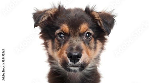 Cute fluffy portrait smile Puppy dog that looking at camera isolated on clear png background, funny moment, lovely dog, pet concept. 