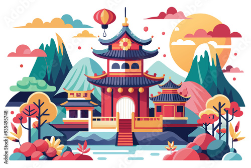 Asian Temple Landscape with Red Lantern and Mountainous Background