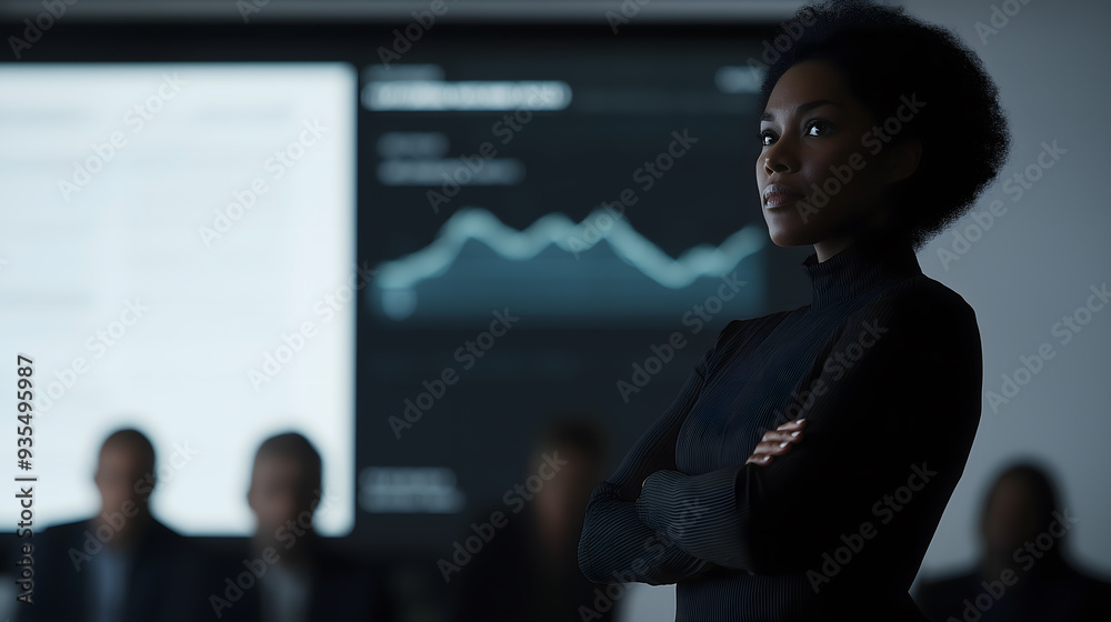 Black Woman Presenting on Big Screen: Focused Cinematic Shot in Dark Office Attire with Digital Graphs Displayed Black Woman Presenting on Big Screen: Focused Cinematic Shot in Dark Office Attire with Digital Graphs Displayed