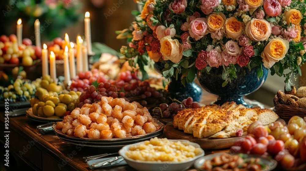 Elegant Buffet Table with Flowers and Appetizers Elegant Buffet Table with Flowers and Appetizers