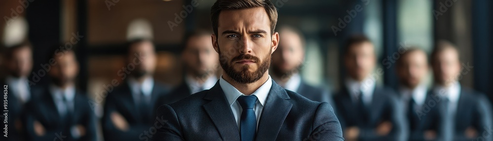 Confident Businessman in Suit with Team in Background, Professional Leadership and Teamwork Concept Confident Businessman in Suit with Team in Background, Professional Leadership and Teamwork Concept