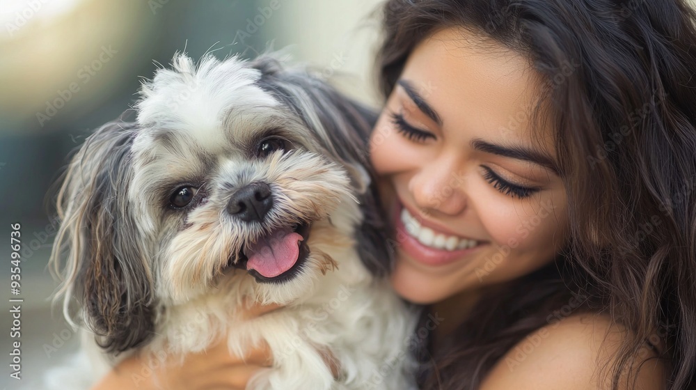 Portrait of woman standing outdoors in garden, holding pet dog. Portrait of woman standing outdoors in garden, holding pet dog.