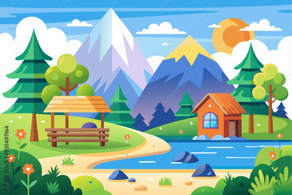 Fototapeta premium A Serene Mountain Landscape with a Small Cabin and a Lake