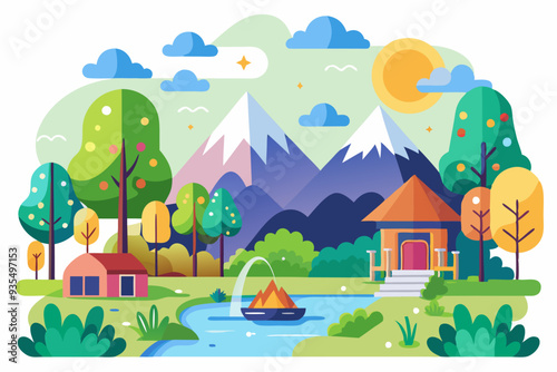 Idyllic Mountain Landscape with Houses, Trees, and a Lake