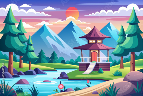 Pagoda House in a Mountainous Landscape with a River