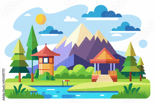 A Picturesque Mountain Landscape with Two Pavilions and a Winding River