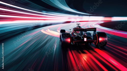 Formula one car racing through a neon city street at night. Back view of sport car speeding at road with glowing neon color. Digital image for design and print. Futuristic and motorsport.