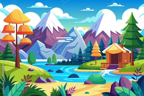 A Serene Landscape with a River Winding Through Mountainous Terrain
