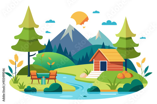 Cabin in the Woods by a River with Mountains in the Background