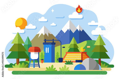 Campsite with Tents, Mountains, and a Fire Pit