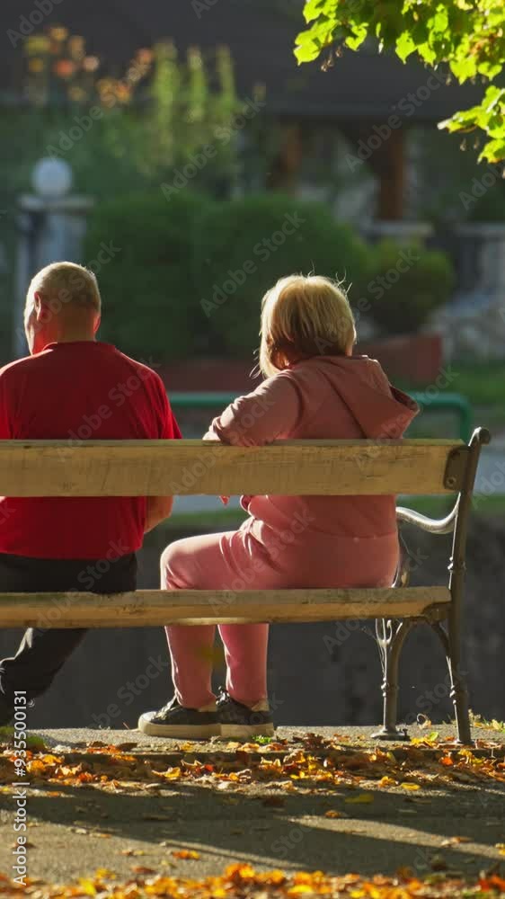 Vertical Screen: Rear View of Senior Couple Sitting on a Bench on Sunny Autumn Day. Concept of companionship, tranquility, retirement, pension, leisure, relaxation, friendship, elderly, resting