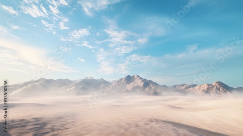 74. Stunning 3D visualization of a tranquil desert landscape with expansive dunes and clear skies, isolated on a pristine backdrop