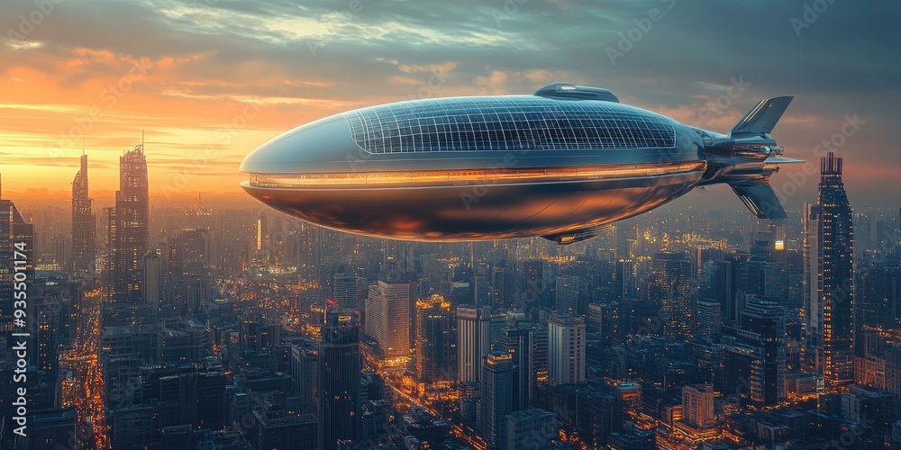 Futuristic airship over city at sunset. Futuristic airship over city at sunset.
