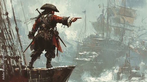 Pirate captain on ship pointing at enemy - adventure and confrontation concept
