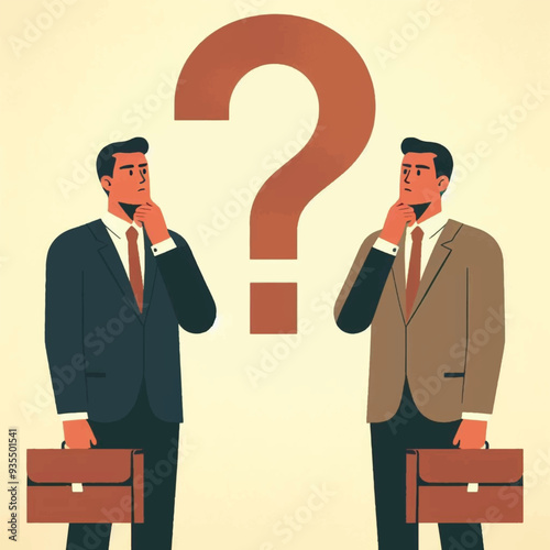 illustration of two businessmen thinking about something, standing between question mark symbols, making a decision, full of consideration.