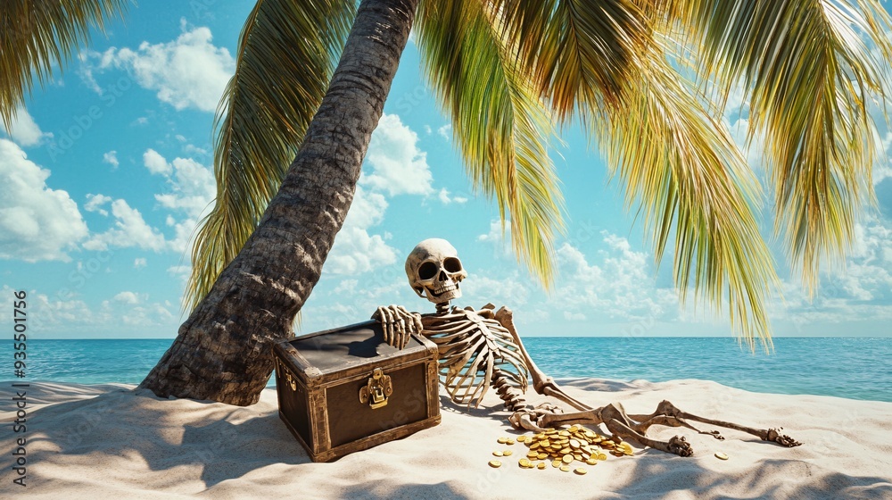 Obraz premium Spooky Pirate Skeleton Resting Against Palm Tree with Buried Treasure Chest on Tropical Beach