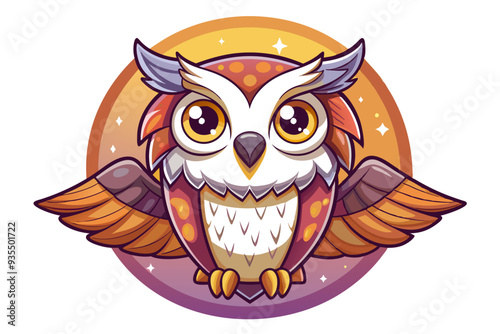 Cartoon Owl with Spread Wings in a Purple Circle