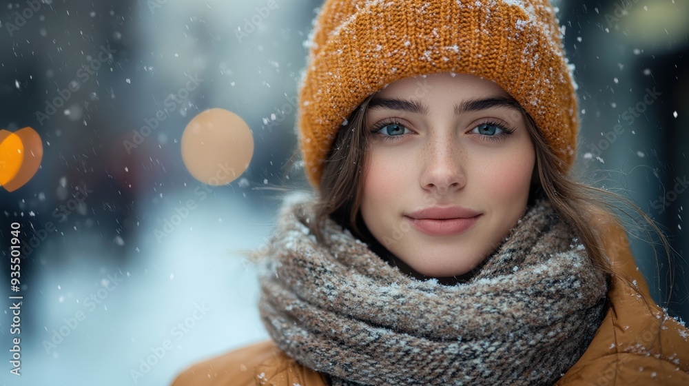 Fashionable Winter Portrait: Stylish Model in Coat, Scarf, and Hat Against Snowy Background Fashionable Winter Portrait: Stylish Model in Coat, Scarf, and Hat Against Snowy Background