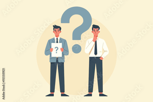 illustration of two businessmen standing between question mark symbols, decision making, full of consideration.