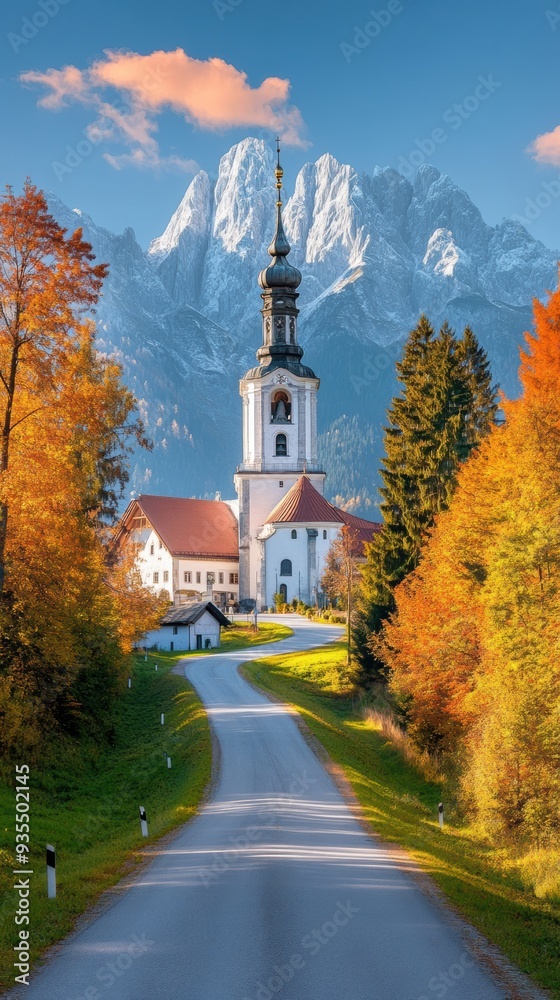 A road leading to a church with mountains in the background, AI A road leading to a church with mountains in the background, AI