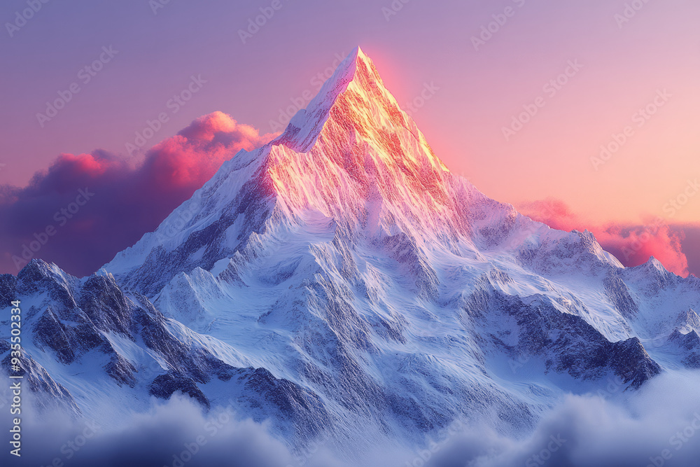 A solitary mountain peak, isolated on a pastel lavender background, capturing the achievement of reaching new heights independently, A solitary mountain peak, isolated on a pastel lavender background, capturing the achievement of reaching new heights independently,