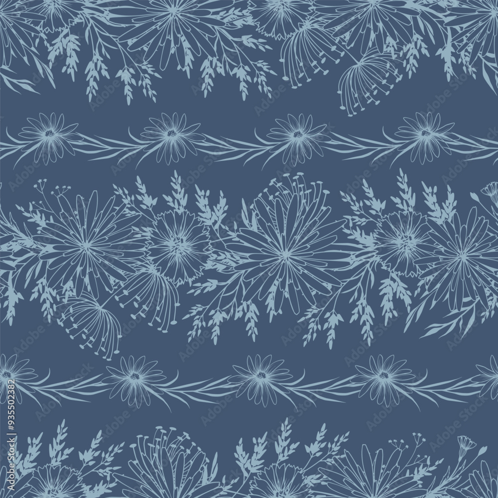 Seamless floral pattern. Hand drawn line art ornaments on blue background. Simple minimalistic vector contour graphics. Seamless floral pattern. Hand drawn line art ornaments on blue background. Simple minimalistic vector contour graphics.