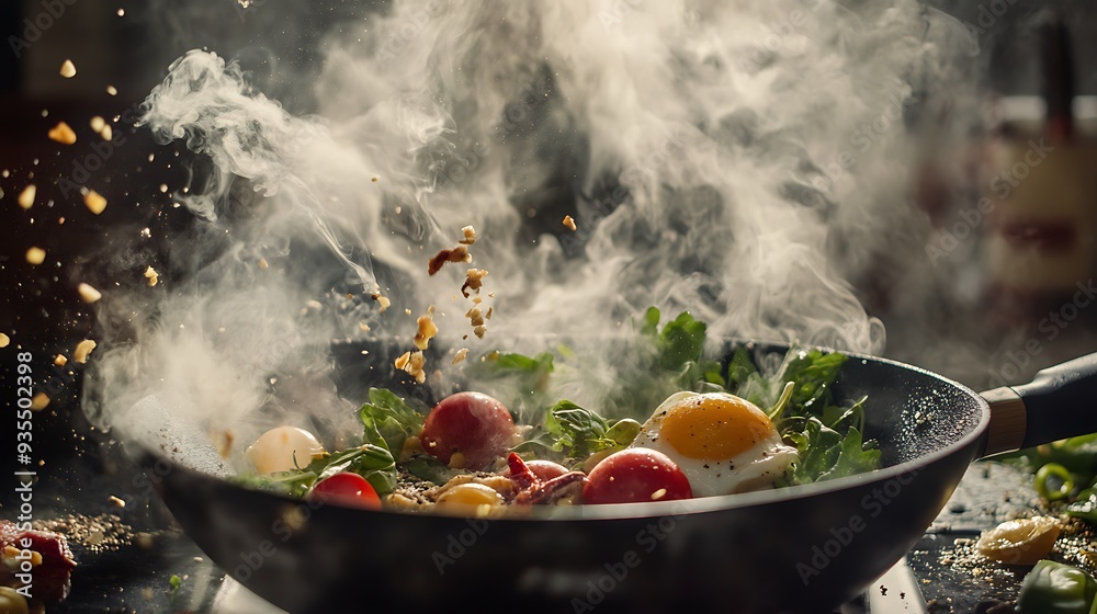 A Pan of Steaming Food with Fried Egg, Tomatoes, and Green Leaves A Pan of Steaming Food with Fried Egg, Tomatoes, and Green Leaves